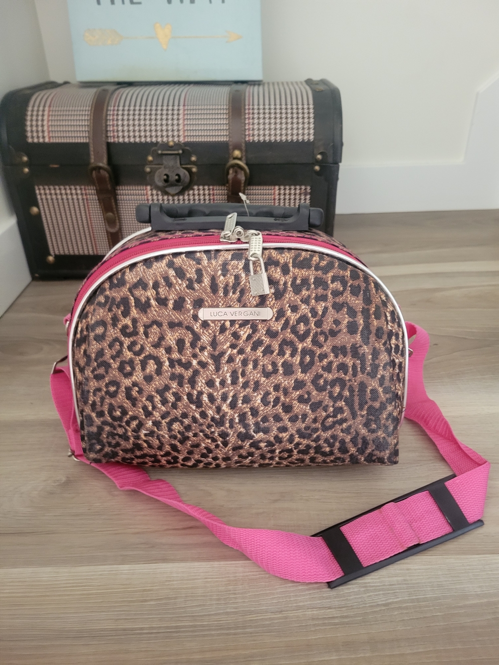 Luca Vergani Leopard Print Makeup Bag with Pink Strap
